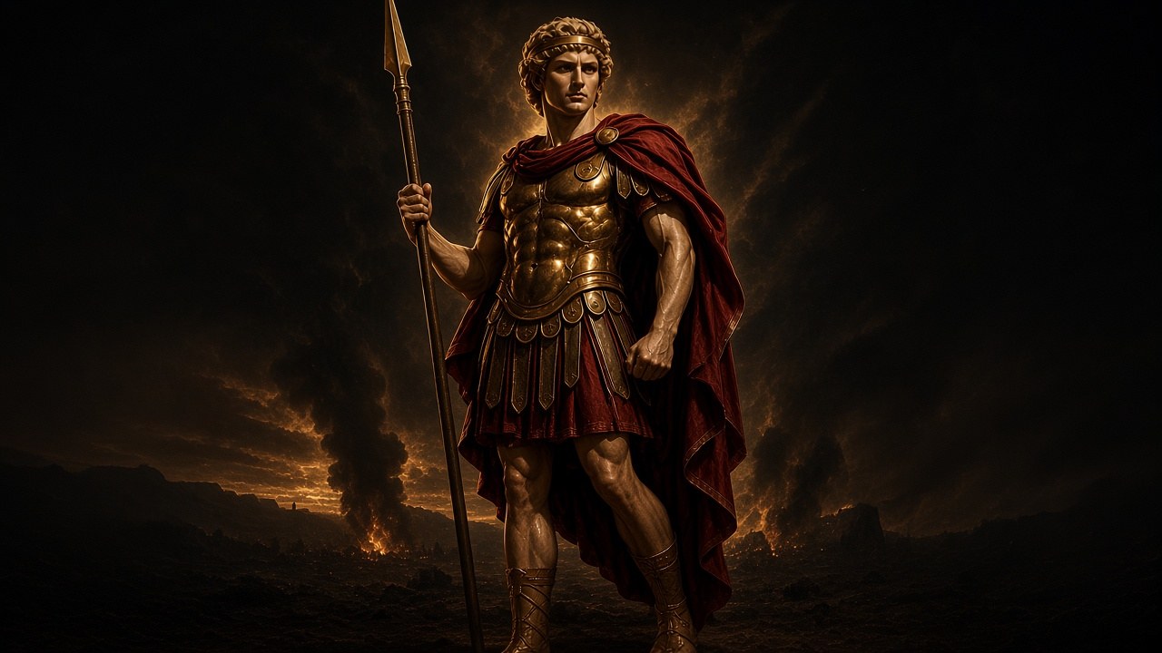 AI-generated full-length painting of Alexander the Great, inspired by a classical bust likeness