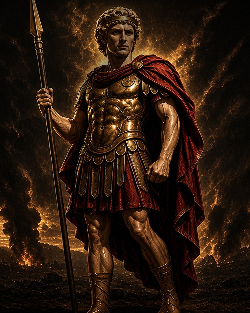 AI-generated full-length painting of Alexander the Great, inspired by a classical bust likeness