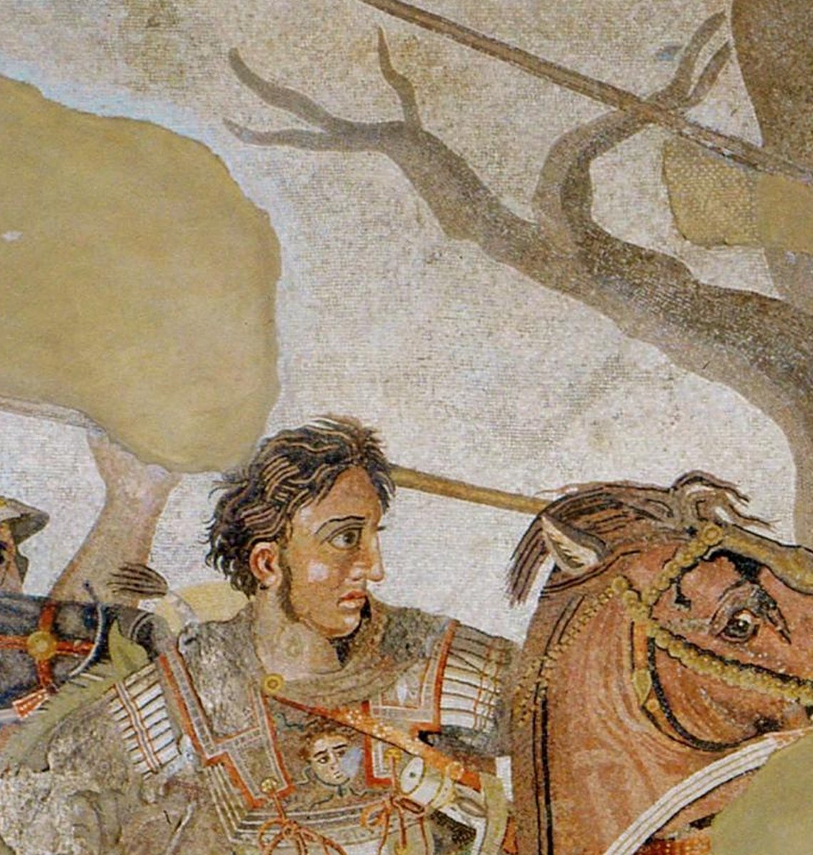 Alexander the Great at the Battle of Issus — Pompeii mosaic detail, public domain